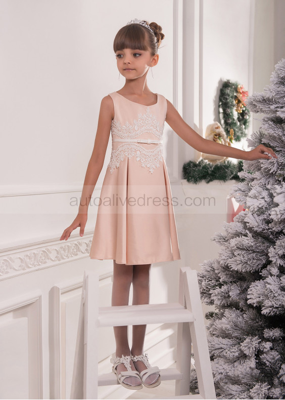 Peach Satin Ivory Lace Pearl Embellished Chic Flower Girl Dress